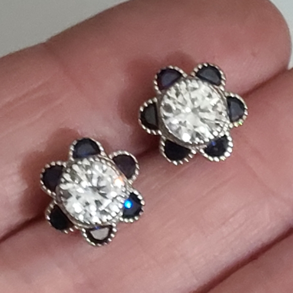 Tanzanite sterling silver earrings studs flowers CZ sparkly Tested estate - Picture 6 of 15